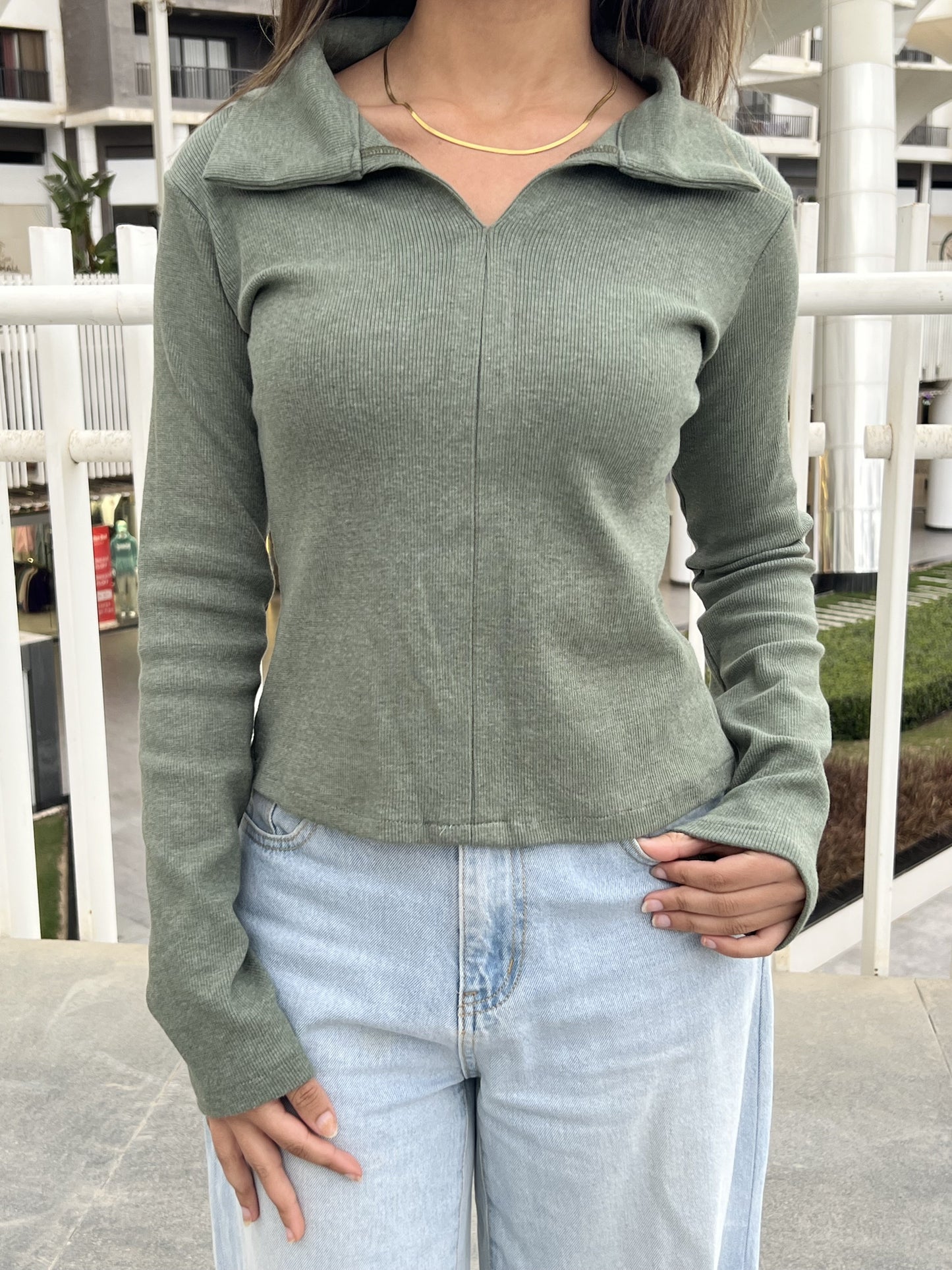 Ribbed Long-Sleeve Collared Top