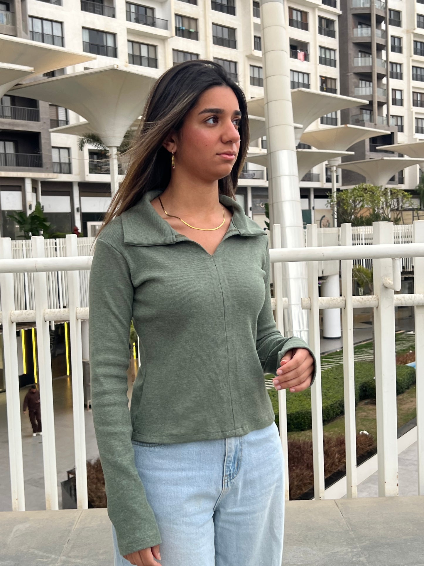 Ribbed Long-Sleeve Collared Top
