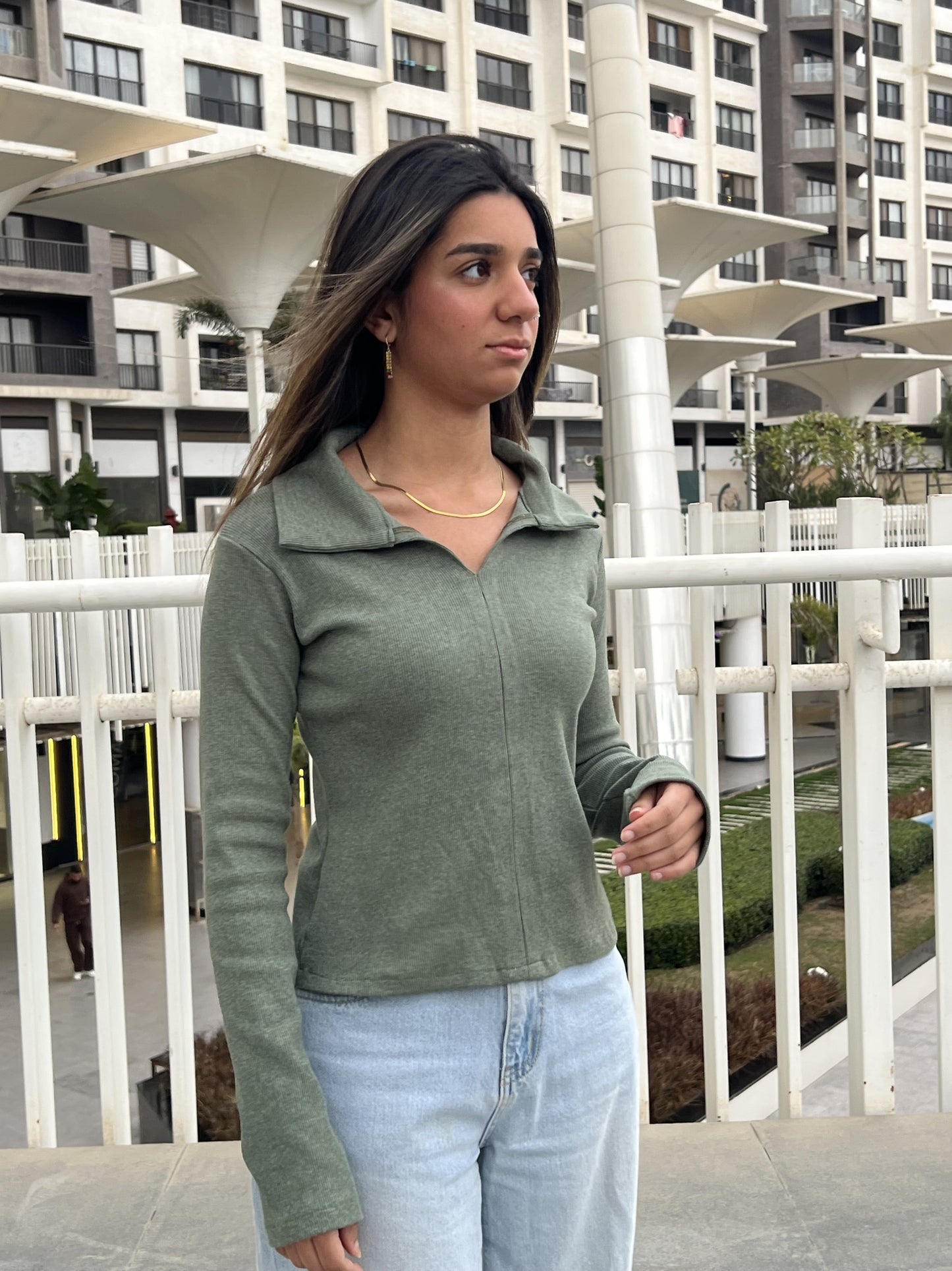 Ribbed Long-Sleeve Collared Top