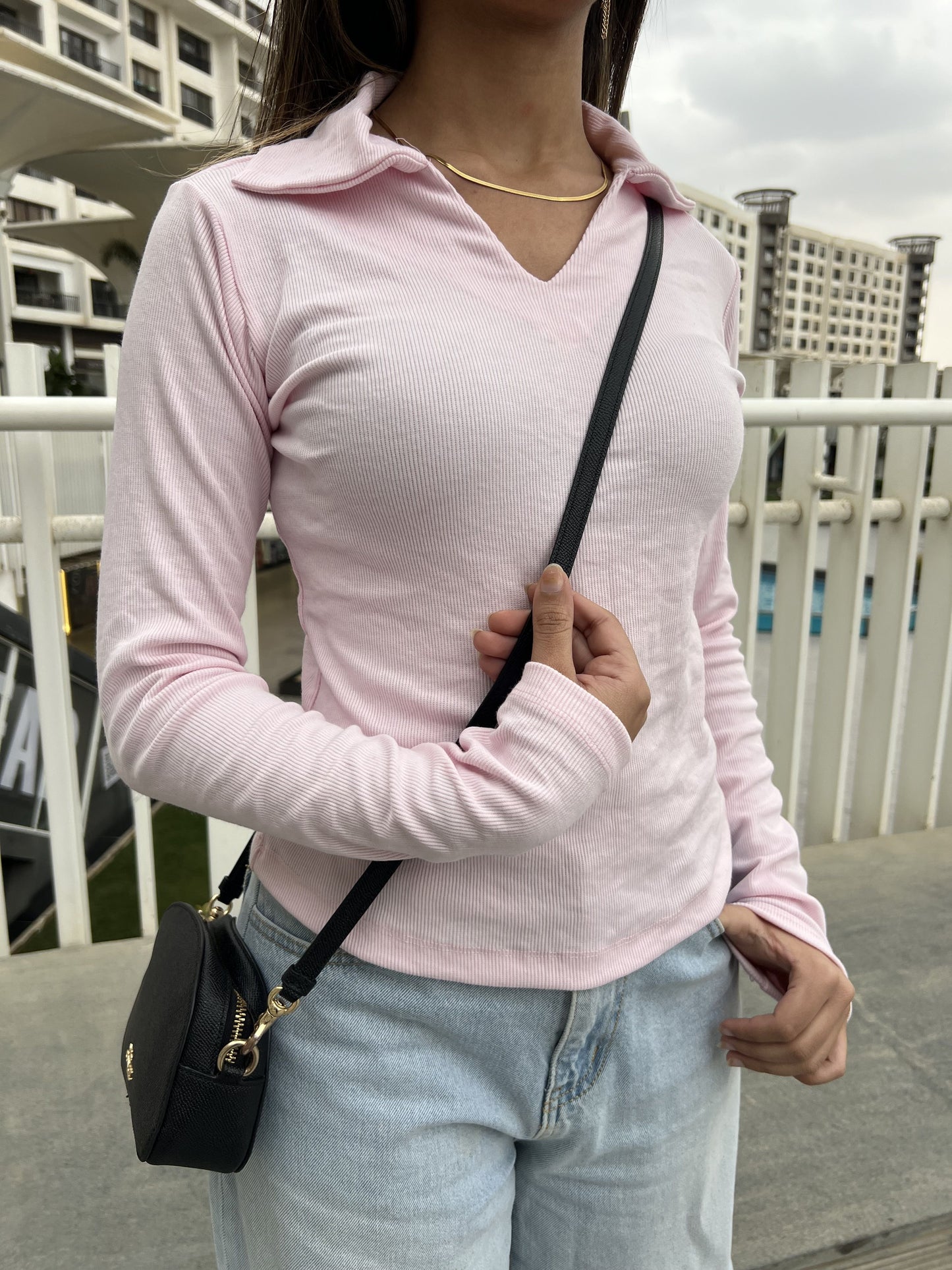Ribbed Long-Sleeve Collared Top